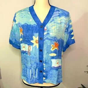 Vintage Peter Popovitch Button Up Top - blue with water & sailboat design. Small